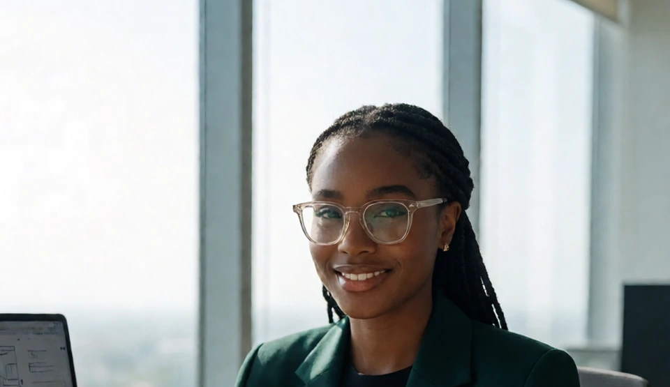 Young Black Nigerian female technology lead and solutions architect in a modern Lagos tech office