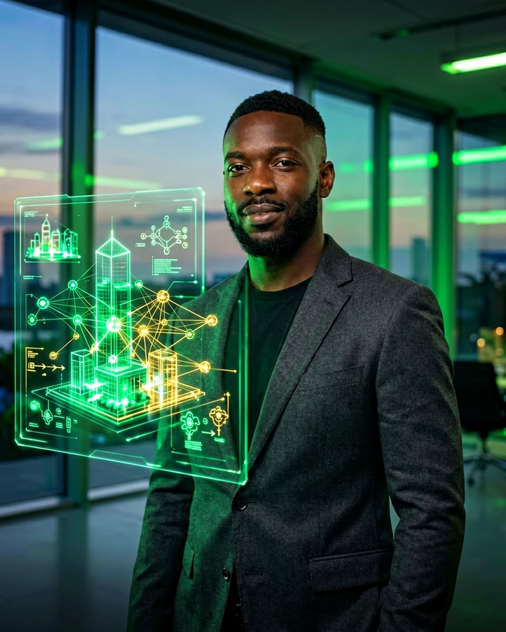 Black Nigerian technology architect interacting with futuristic holographic systems architecture in a Lagos office