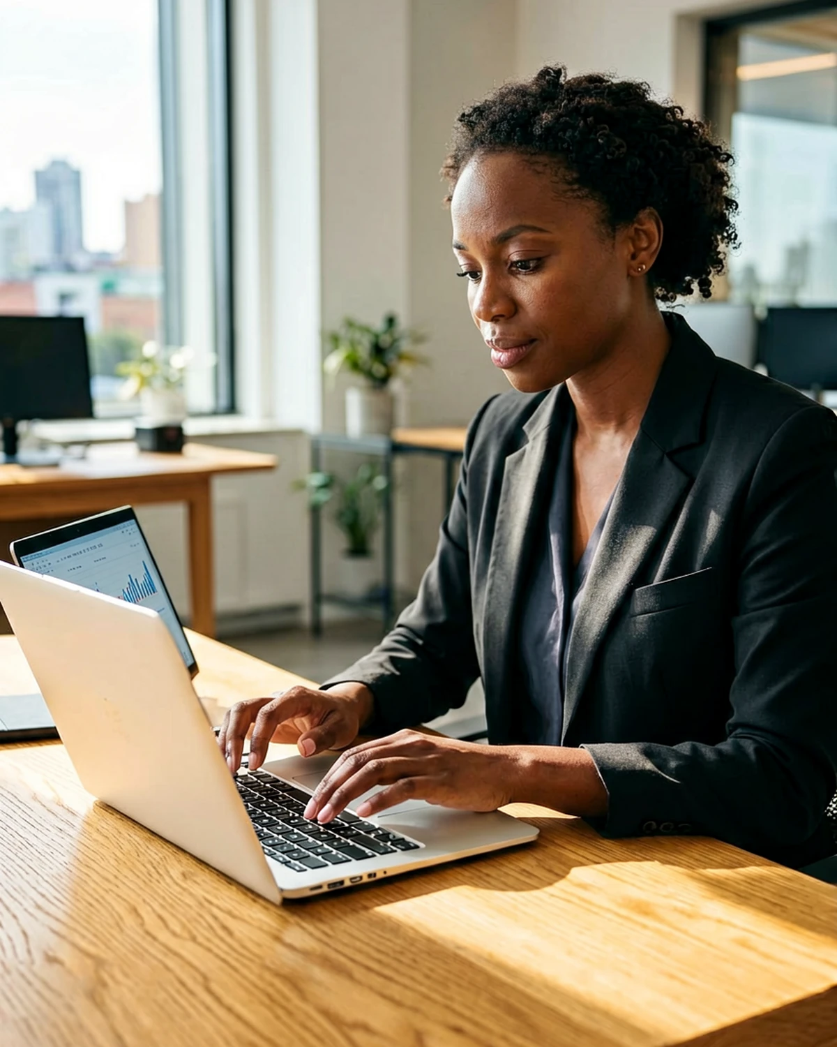 Black Nigerian technology leader analyzing operational systems and analytics at a desk in a modern Lagos office