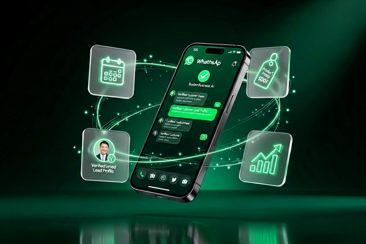 Ultra-modern titanium smartphone running WhatsApp AI Assistant with floating glassmorphism feature cards; illustrative 3D product render