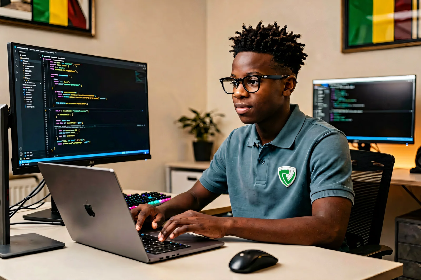 Young Black Nigerian tech prodigy coding on a laptop