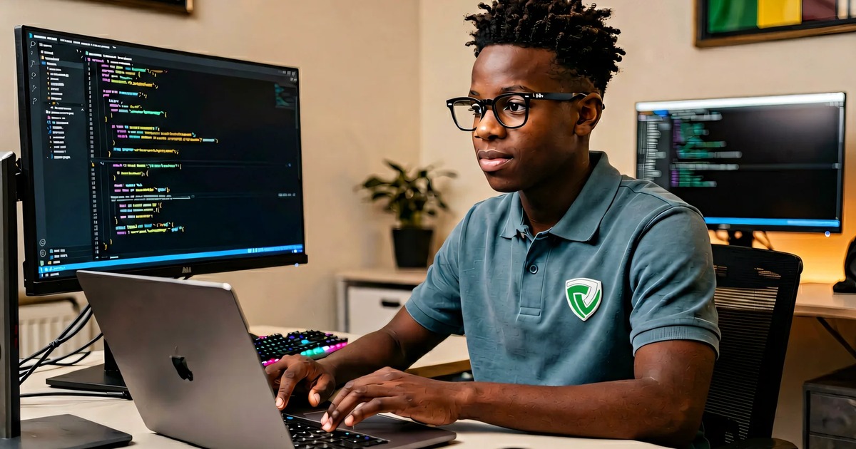 Young Black Nigerian tech prodigy coding on a laptop